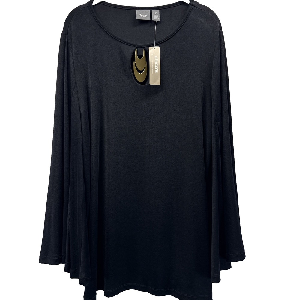 Chico's Travelers Women's Top Size 2 Large Black Gold Bell Sleeve Stretch Blouse